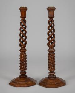 Antique English Pair Walnut Open Barley Twist Candlesticks - 3715371