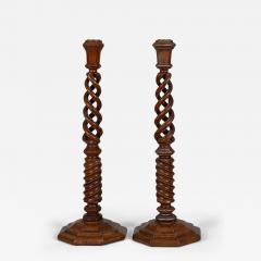 Antique English Pair Walnut Open Barley Twist Candlesticks - 3719434