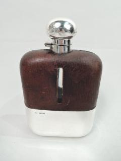 Antique English Sterling Silver Leather Easy Grip Safari Flask - 3750559