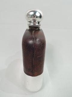Antique English Sterling Silver Leather Easy Grip Safari Flask - 3750560