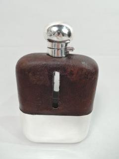 Antique English Sterling Silver Leather Easy Grip Safari Flask - 3750568
