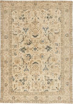 Antique Floral Persian Kirman Camel Light Brown Indigo Blue Handmade Wool Rug - 2454764