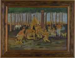 Antique Folk Art Painting of Indians in Forest - 1713623