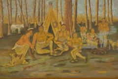 Antique Folk Art Painting of Indians in Forest - 1713626