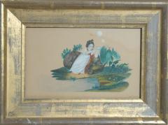 Antique Folk Art Schoolgirl Genre Watercolor of Girl Blowing Bubbles - 2756677