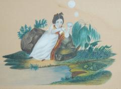 Antique Folk Art Schoolgirl Genre Watercolor of Girl Blowing Bubbles - 2756699