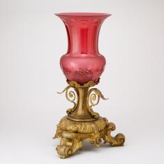 Antique Footed Gilt Bronze Hand Etched Cranberry Table lamp - 3886270