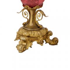 Antique Footed Gilt Bronze Hand Etched Cranberry Table lamp - 3886271