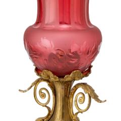 Antique Footed Gilt Bronze Hand Etched Cranberry Table lamp - 3886276