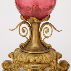 Antique Footed Gilt Bronze Hand Etched Cranberry Table lamp - 3886277