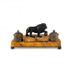 Antique French Bronze Sienna Marble Encrier Inkwell W Lion Sculpture - 4795227