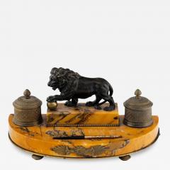 Antique French Bronze Sienna Marble Encrier Inkwell W Lion Sculpture - 4796547