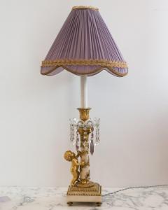 Antique French Bronze and Marble Lamp with Cherub and Purple Amethyst Drops - 2430849