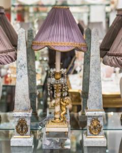 Antique French Bronze and Marble Lamp with Cherub and Purple Amethyst Drops - 2430851