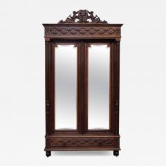 Antique French Carved Oak Breton Mirrored Armoire Linen Press - 4614241