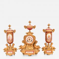 Antique French Gilt Bronze Porcelain Three Piece Figural Clock Garniture - 4708312