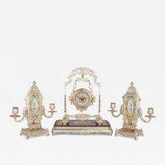 Antique French Japonisme silvered bronze and porcelain three piece clock set - 3479246