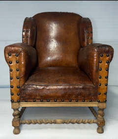 Antique French Leather Club Chair with Nailhead Trim Barley Twist Legs - 4356849