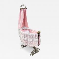 Antique French Louis XVI Brass Cradle With Crown Silk Cape - 3514675