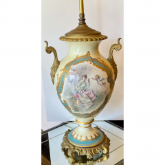 Antique French Porcelain Gilt Bronze Serves Style Scenic Vase Table Lamp - 2687846
