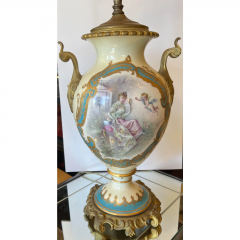 Antique French Porcelain Gilt Bronze Serves Style Scenic Vase Table Lamp - 2687848