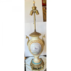 Antique French Porcelain Gilt Bronze Serves Style Scenic Vase Table Lamp - 2687850