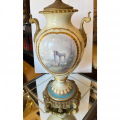 Antique French Porcelain Gilt Bronze Serves Style Scenic Vase Table Lamp - 2687861