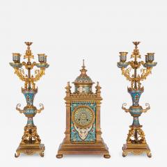 Antique French clock set in champlev enamel and ormolu - 3601162