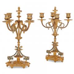 Antique French eclectic style enamel and gilt bronze clock set - 3495410