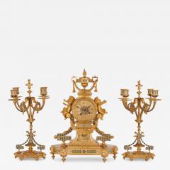 Antique French eclectic style enamel and gilt bronze clock set - 3496555