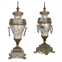 Antique French porcelain gilt and silvered brass clock set - 3635269