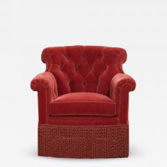 Antique Fully Upholstered Tufted Roll Arm Red Velvet Chair - 2732529