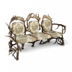 Antique German Antler Settee with Rococo Style Upholstery - 1913673