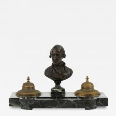 Antique Gilt Patinated Bronze Bust Inkwell on Verde Antico Marble Stand - 4003974