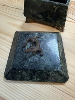 Antique Green Marble Box with Bronze Accents and Animal Finial - 4795559