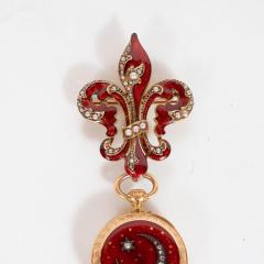 Antique Guilloche Ruby Enamel Diamond and 18 Karat Yellow Gold Lapel Watch - 1612681