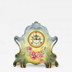 Antique Hand Painted Porcelain Mantel Clock by Royal Bonn for Ansonia - 4319705