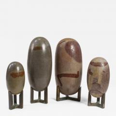 Antique Hand Polished Lingam Stone Sculptures with Bronze Stands Set of 4 - 2245101