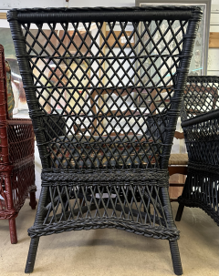 Antique Hand Woven Bar Harbor Style Black Wicker Floral Arm Chair - 3877583