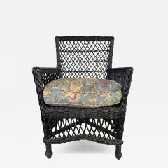 Antique Hand Woven Bar Harbor Style Black Wicker Floral Arm Chair - 3881336