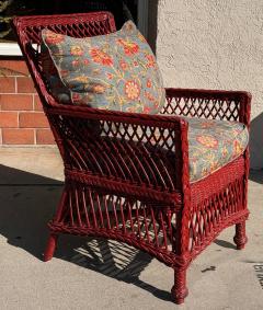 Antique Hand Woven Bar Harbor Style Red Wicker Floral Arm Chair - 3877566