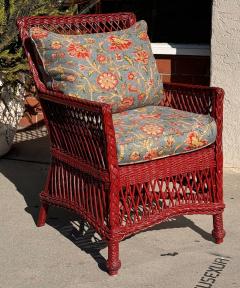 Antique Hand Woven Bar Harbor Style Red Wicker Floral Arm Chair - 3877567