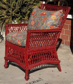 Antique Hand Woven Bar Harbor Style Red Wicker Floral Arm Chair - 3877568