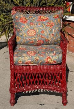 Antique Hand Woven Bar Harbor Style Red Wicker Floral Arm Chair - 3877570