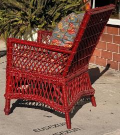 Antique Hand Woven Bar Harbor Style Red Wicker Floral Arm Chair - 3877577