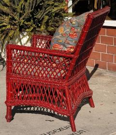 Antique Hand Woven Bar Harbor Style Red Wicker Floral Arm Chair - 3877579