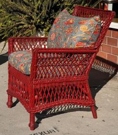 Antique Hand Woven Bar Harbor Style Red Wicker Floral Arm Chair - 3877581