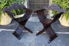 Antique Italian Walnut Savonarola Folding Arm Chairs a Pair - 1871739