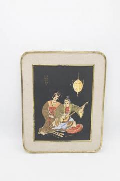 Antique Japanese Brass Painting Romantic Serenade - 3674196