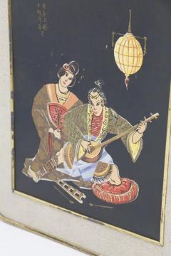 Antique Japanese Brass Painting Romantic Serenade - 3674199